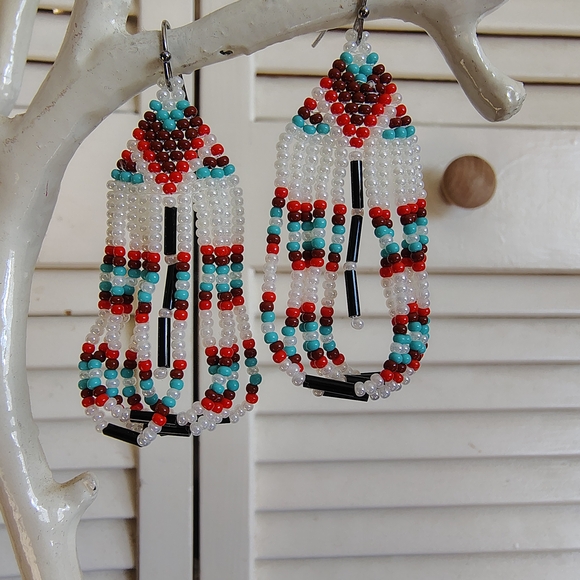 Handmade Jewelry - Handmade Beaded Fringe Earrings – Red, Turquoise  – Stainless Steel Hooks OS